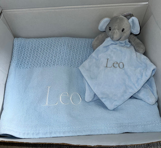 Personalised  blue cellular blanket & blue elephant comforter